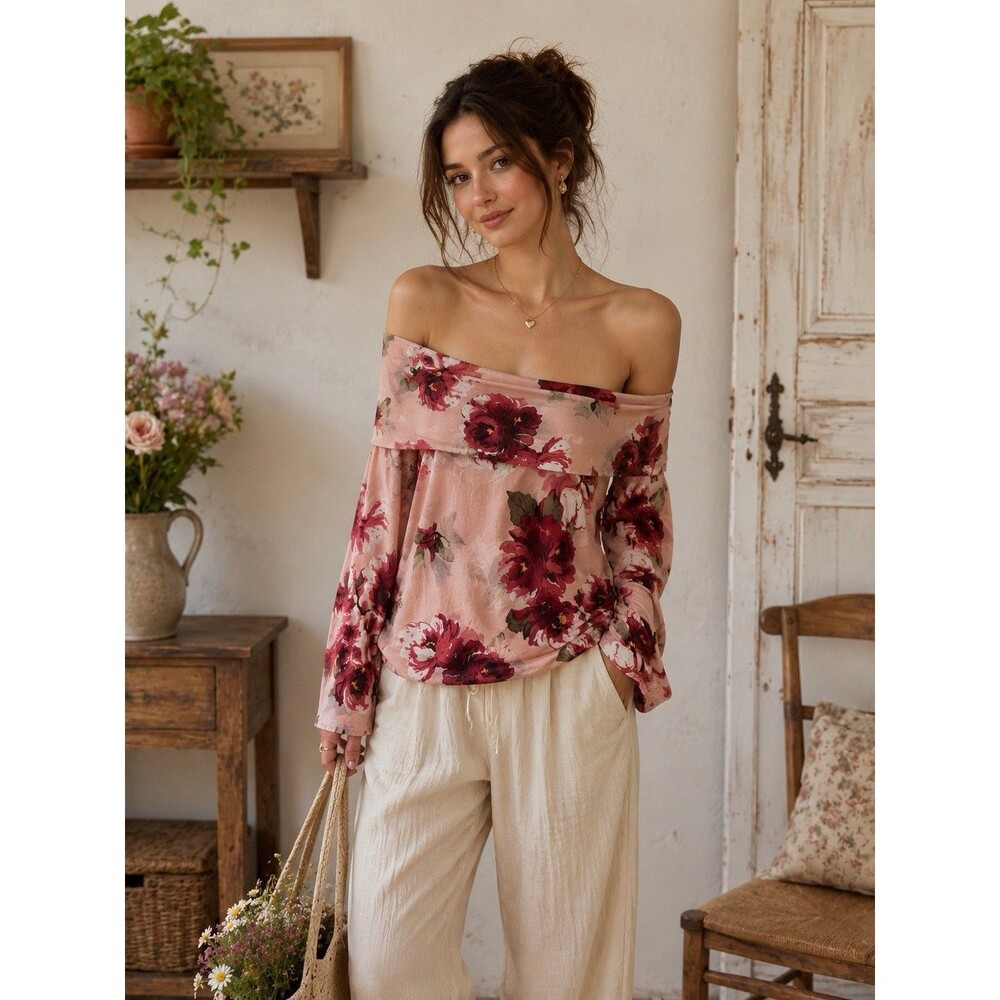 Off the Shoulder Top Floral Pink Cottagecore Size M